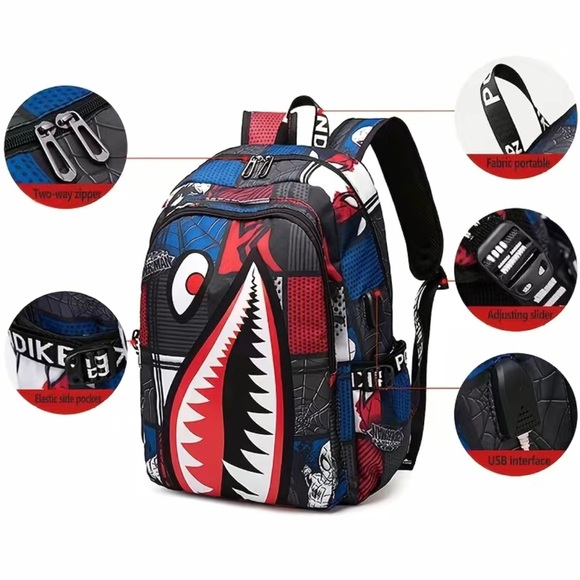Shark Pattern Backpack, Trendy Nylon Student School Bag - Picture 4 of 9